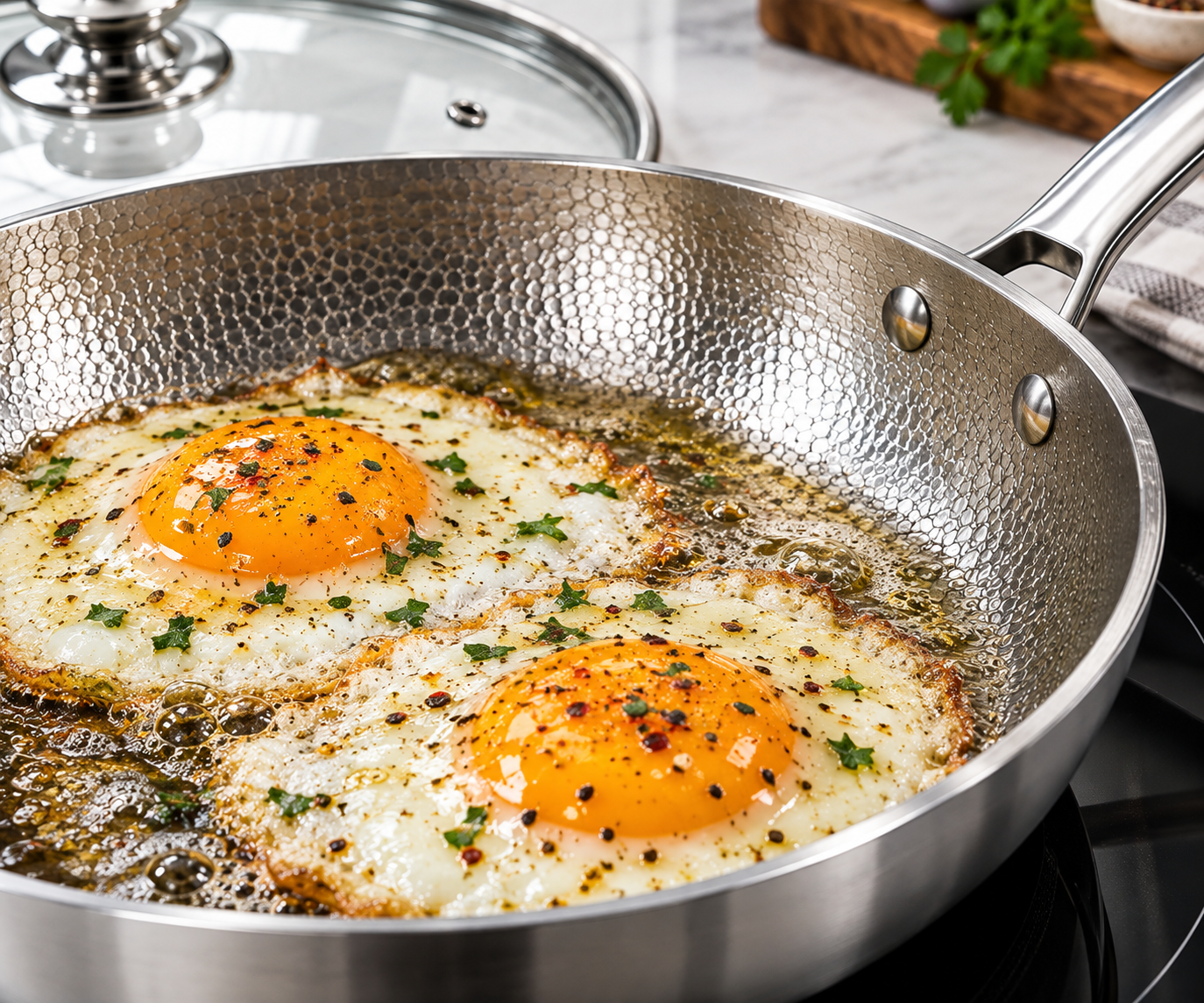 Sizzling eggs in a hammered titanium pan