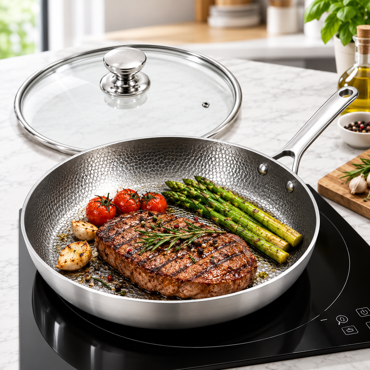 Sizzling steak and asparagus in a titanium skillet