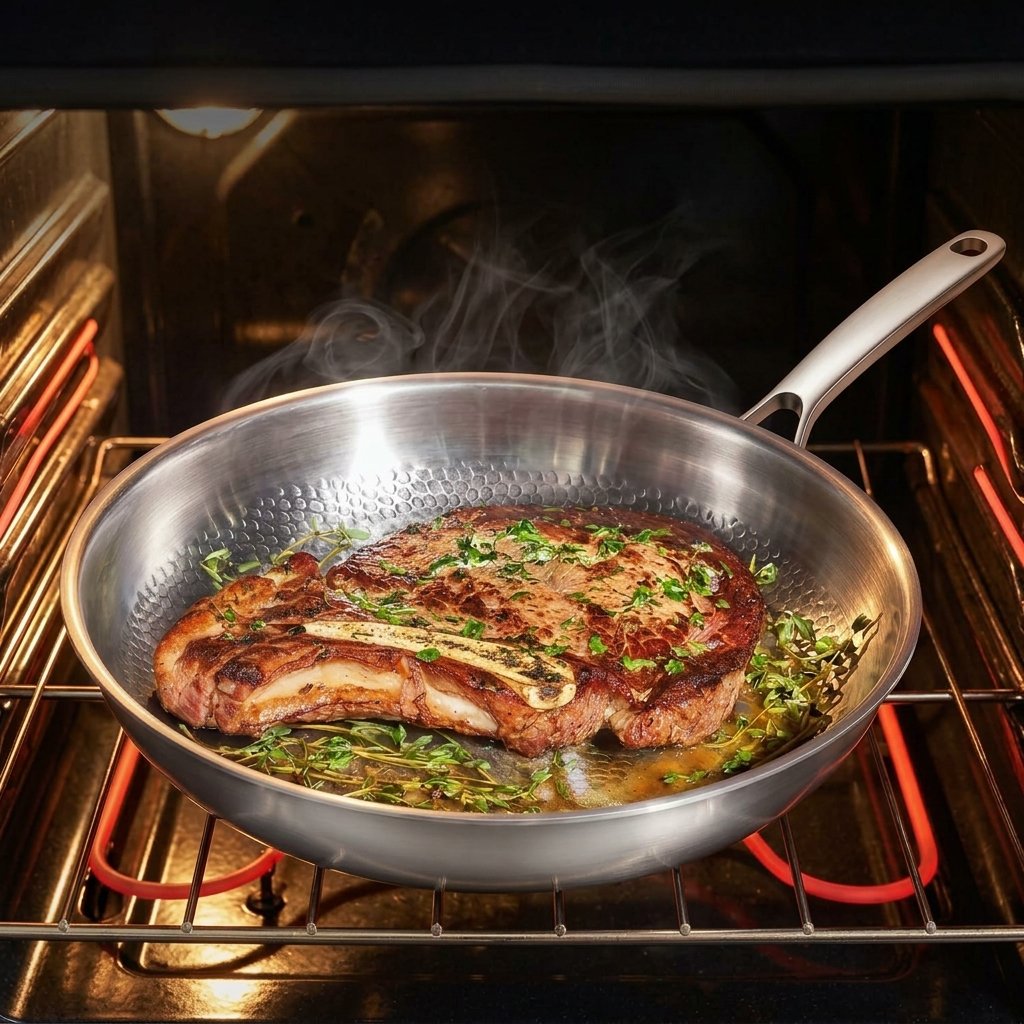 Steak cooking in a Supreme Choices titanium pan